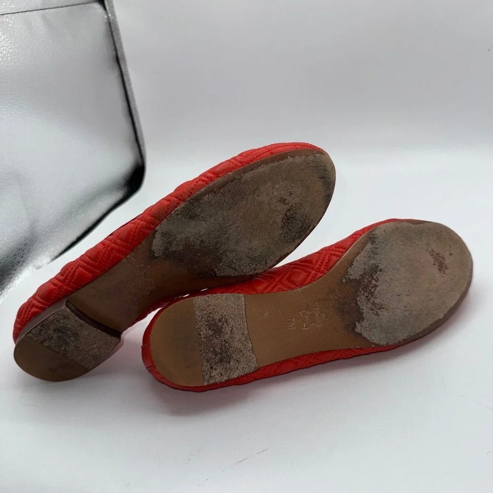 Tory Burch Marion Quilted Leather Ballet Flats Samba Red Bow Logo 7M Dress Shoes